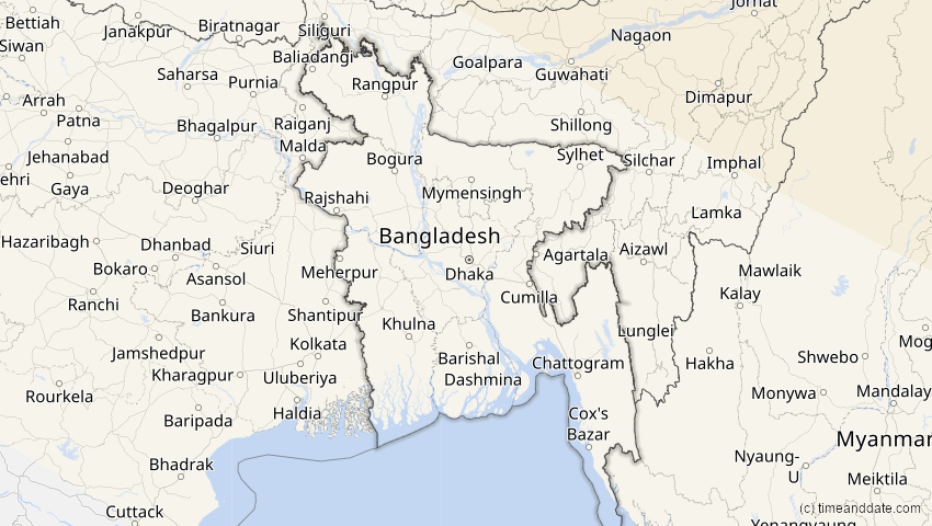 A map of Bangladesch, showing the path of the 3. Nov 2032 Partielle Sonnenfinsternis