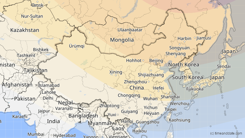 A map of China, showing the path of the 3. Nov 2032 Partielle Sonnenfinsternis
