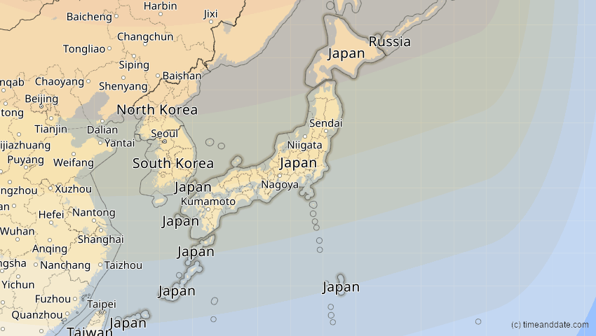 A map of Japan, showing the path of the 3. Nov 2032 Partielle Sonnenfinsternis