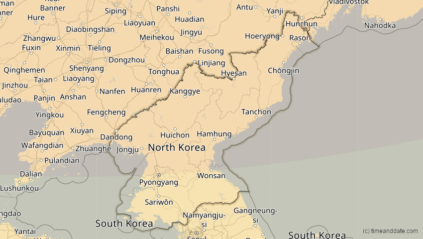 A map of Nordkorea, showing the path of the 3. Nov 2032 Partielle Sonnenfinsternis