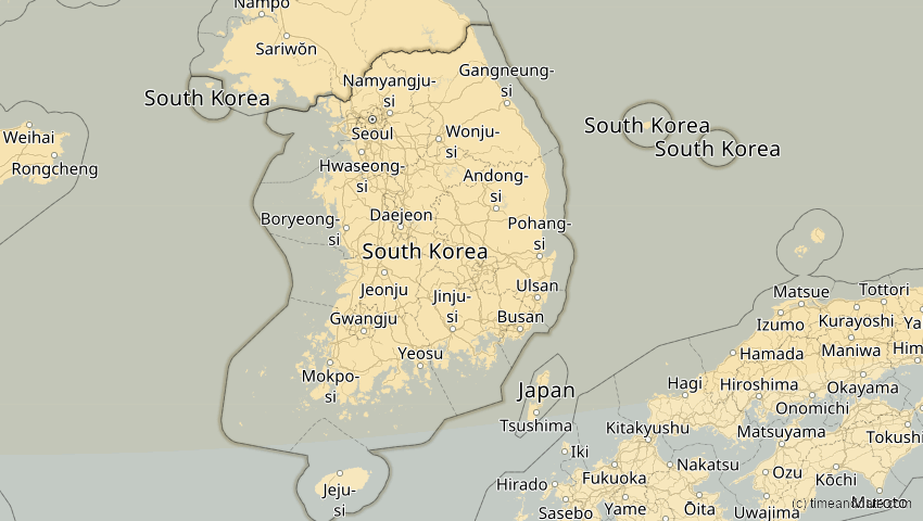 A map of Südkorea, showing the path of the 3. Nov 2032 Partielle Sonnenfinsternis