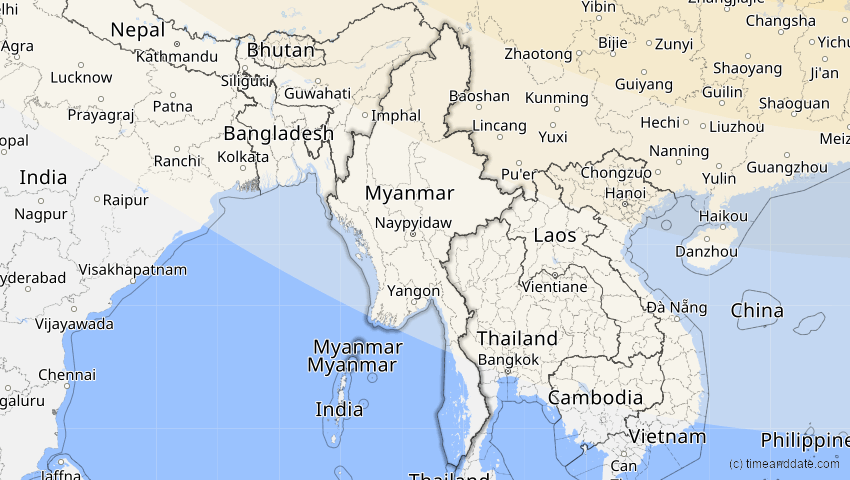 A map of Myanmar, showing the path of the 3. Nov 2032 Partielle Sonnenfinsternis