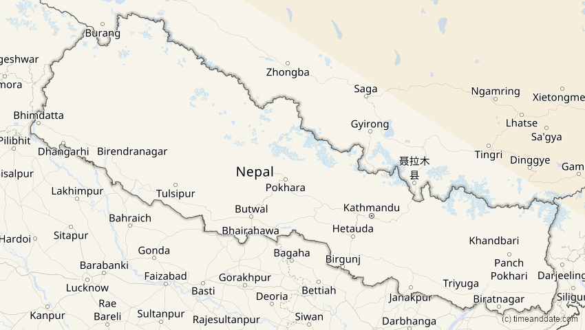 A map of Nepal, showing the path of the 3. Nov 2032 Partielle Sonnenfinsternis