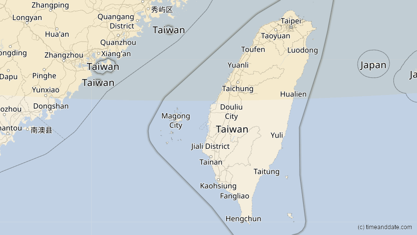 A map of Taiwan, showing the path of the 3. Nov 2032 Partielle Sonnenfinsternis