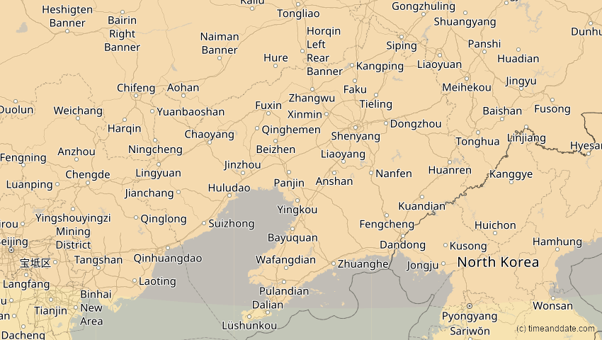A map of Liaoning, China, showing the path of the 3. Nov 2032 Partielle Sonnenfinsternis