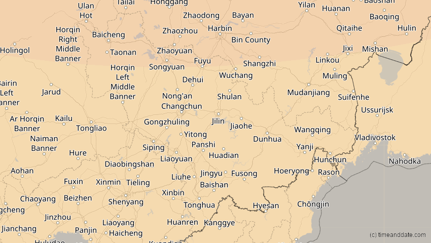 A map of Jilin, China, showing the path of the 3. Nov 2032 Partielle Sonnenfinsternis