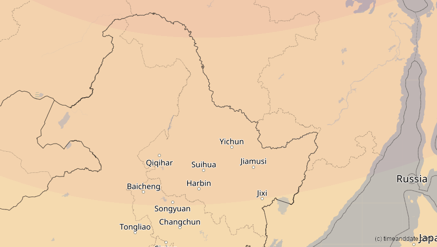 A map of Heilongjiang, China, showing the path of the 3. Nov 2032 Partielle Sonnenfinsternis
