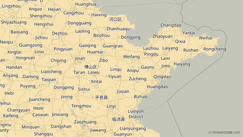 A map of Shandong, China, showing the path of the 3. Nov 2032 Partielle Sonnenfinsternis