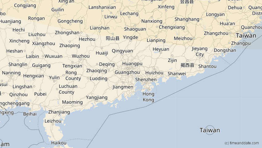 A map of Guangdong, China, showing the path of the 3. Nov 2032 Partielle Sonnenfinsternis