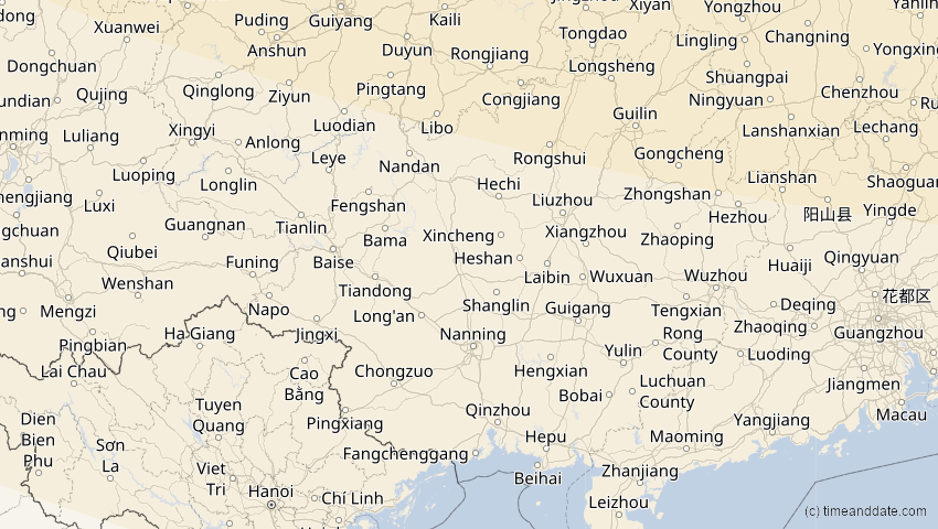 A map of Guangxi, China, showing the path of the 3. Nov 2032 Partielle Sonnenfinsternis