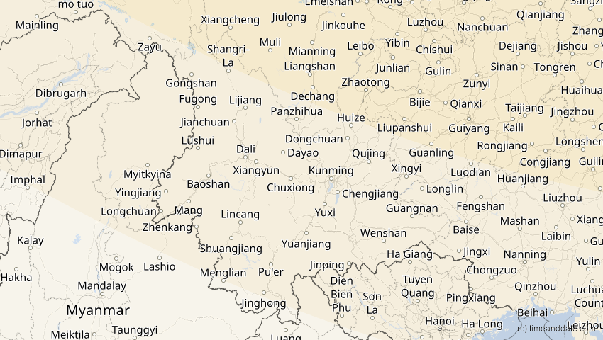A map of Yunnan, China, showing the path of the 3. Nov 2032 Partielle Sonnenfinsternis