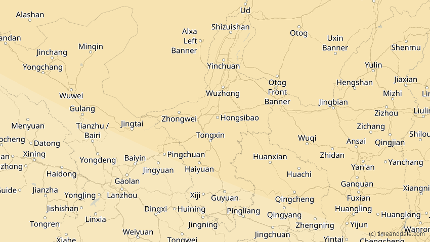 A map of Ningxia, China, showing the path of the 3. Nov 2032 Partielle Sonnenfinsternis