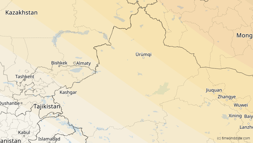 A map of Xinjiang, China, showing the path of the 3. Nov 2032 Partielle Sonnenfinsternis
