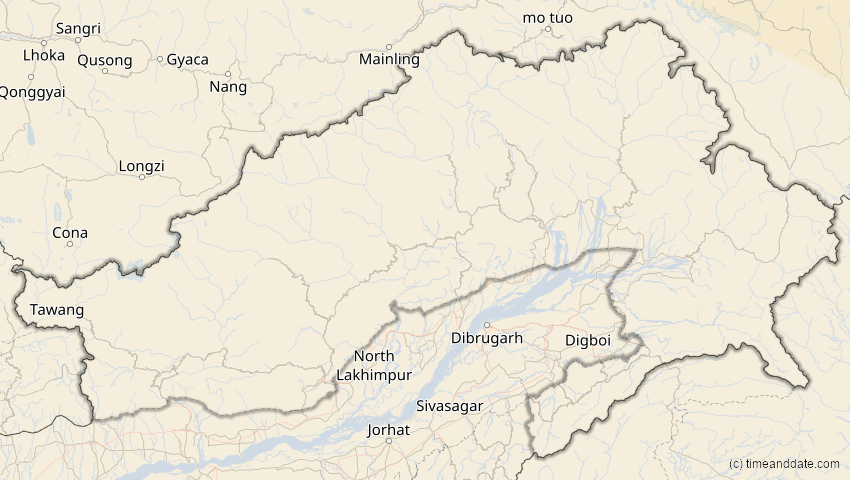 A map of Arunachal Pradesh, Indien, showing the path of the 3. Nov 2032 Partielle Sonnenfinsternis