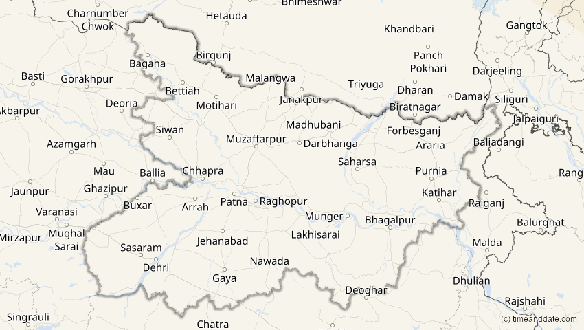 A map of Bihar, Indien, showing the path of the 3. Nov 2032 Partielle Sonnenfinsternis