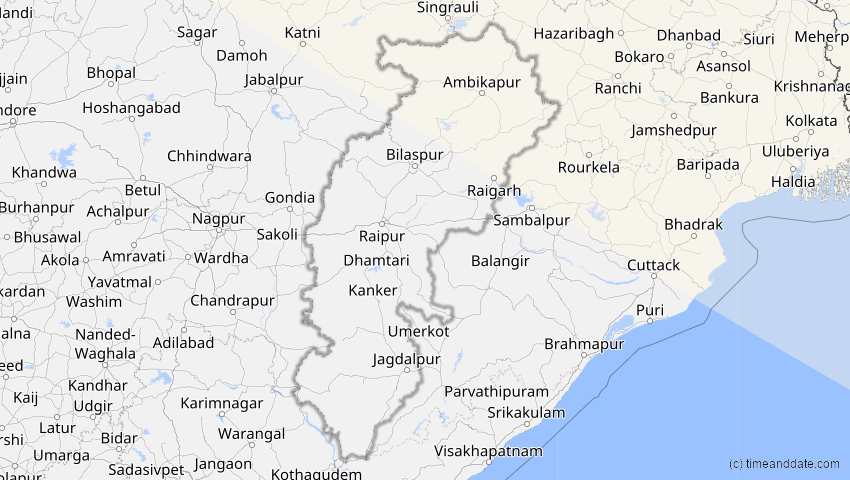 A map of Chhattisgarh, Indien, showing the path of the 3. Nov 2032 Partielle Sonnenfinsternis
