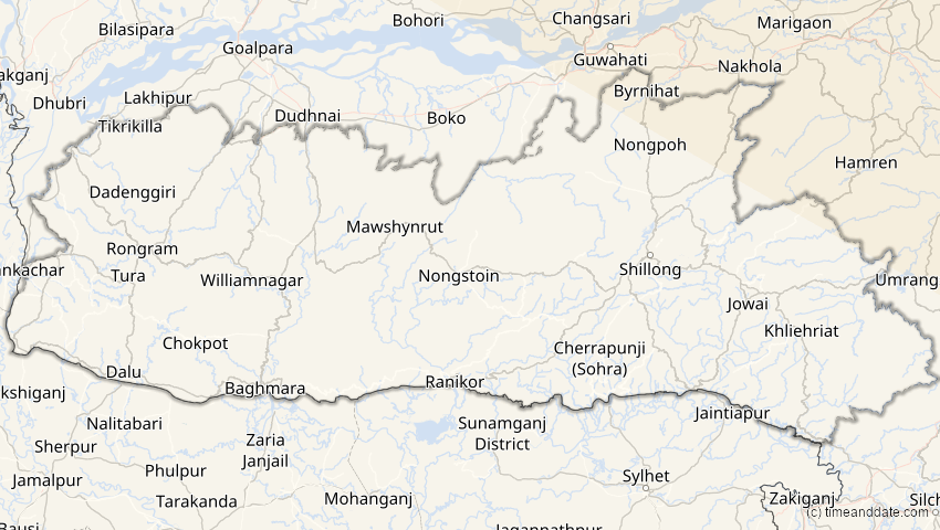 A map of Meghalaya, Indien, showing the path of the 3. Nov 2032 Partielle Sonnenfinsternis