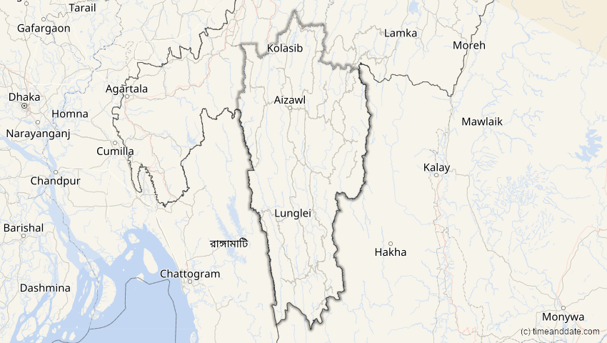A map of Mizoram, Indien, showing the path of the 3. Nov 2032 Partielle Sonnenfinsternis