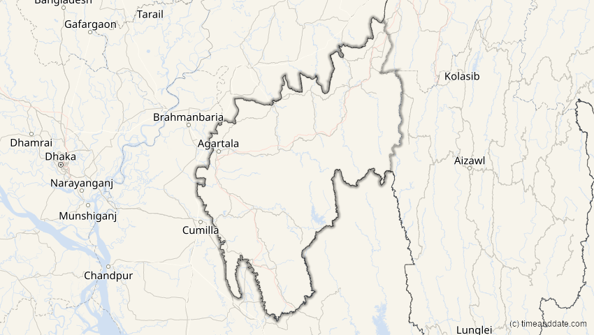 A map of Tripura, Indien, showing the path of the 3. Nov 2032 Partielle Sonnenfinsternis