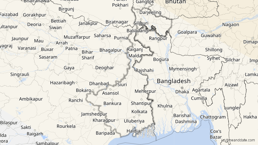 A map of Westbengalen, Indien, showing the path of the 3. Nov 2032 Partielle Sonnenfinsternis