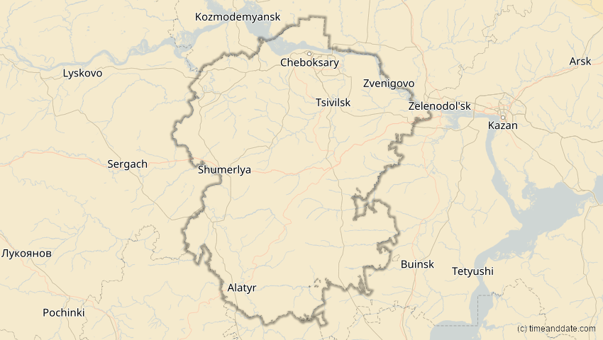 A map of Tschuwaschien, Russland, showing the path of the 3. Nov 2032 Partielle Sonnenfinsternis