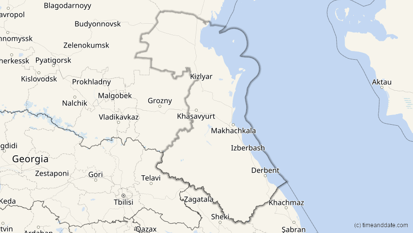 A map of Dagestan, Russland, showing the path of the 3. Nov 2032 Partielle Sonnenfinsternis