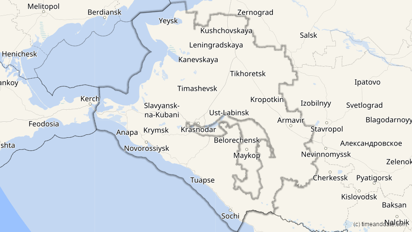 A map of Krasnodar, Russland, showing the path of the 3. Nov 2032 Partielle Sonnenfinsternis