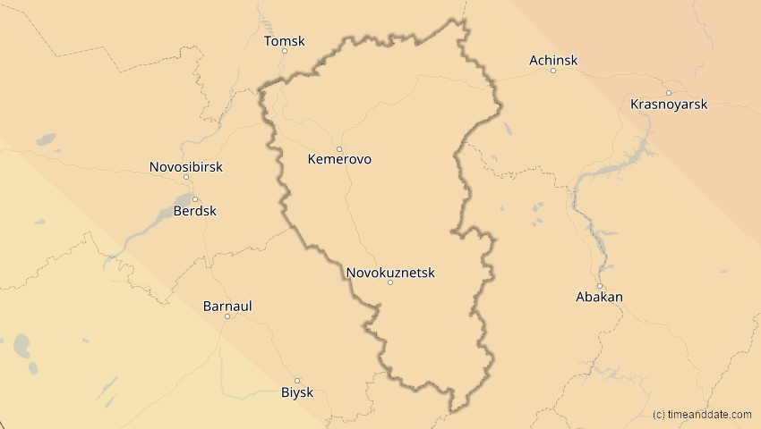 A map of Kemerowo, Russland, showing the path of the 3. Nov 2032 Partielle Sonnenfinsternis
