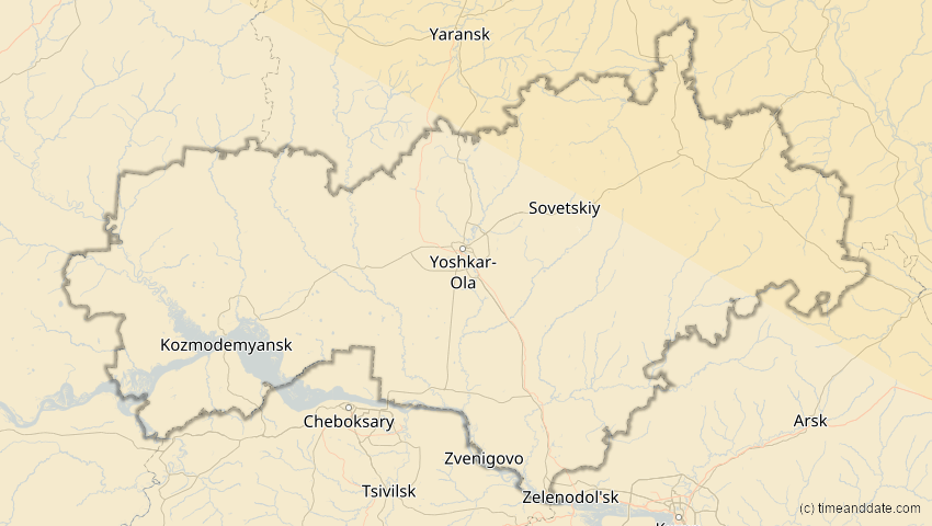 A map of Mari El, Russland, showing the path of the 3. Nov 2032 Partielle Sonnenfinsternis