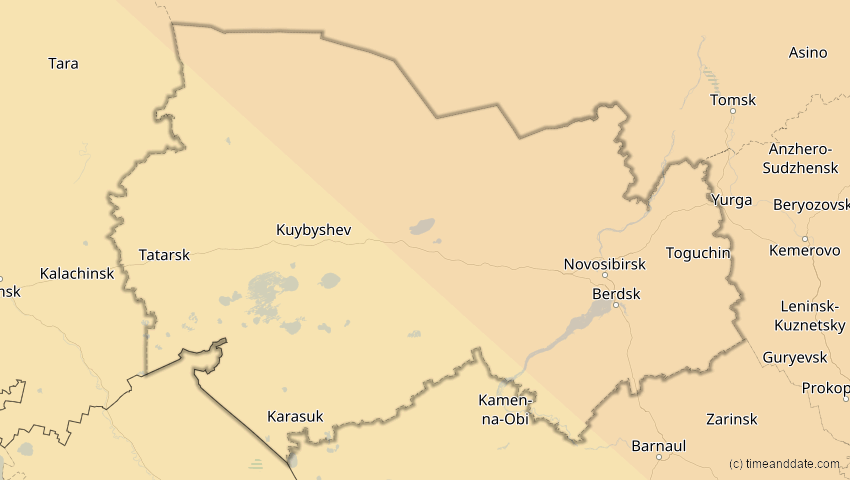 A map of Nowosibirsk, Russland, showing the path of the 3. Nov 2032 Partielle Sonnenfinsternis