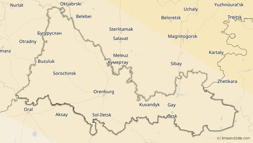 A map of Orenburg, Russland, showing the path of the 3. Nov 2032 Partielle Sonnenfinsternis