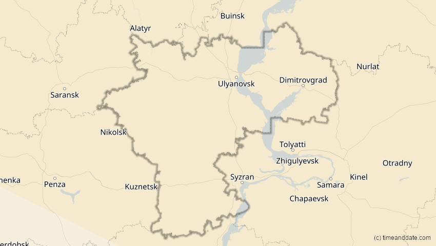 A map of Uljanowsk, Russland, showing the path of the 3. Nov 2032 Partielle Sonnenfinsternis