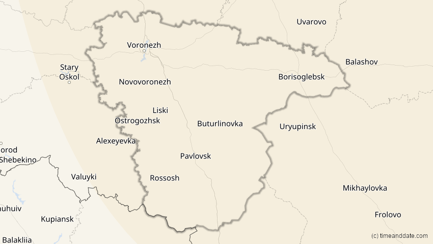 A map of Woronesch, Russland, showing the path of the 3. Nov 2032 Partielle Sonnenfinsternis