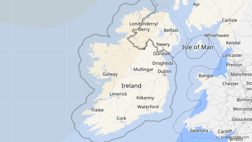 A map of Irland, showing the path of the 30. Mär 2033 Totale Sonnenfinsternis