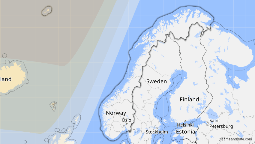 A map of Norwegen, showing the path of the 30. Mär 2033 Totale Sonnenfinsternis