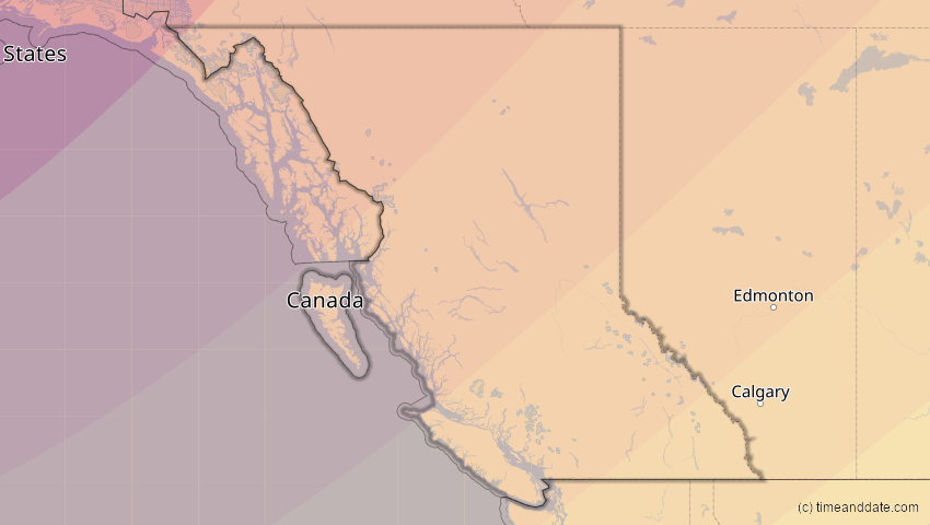 A map of British Columbia, Kanada, showing the path of the 30. Mär 2033 Totale Sonnenfinsternis