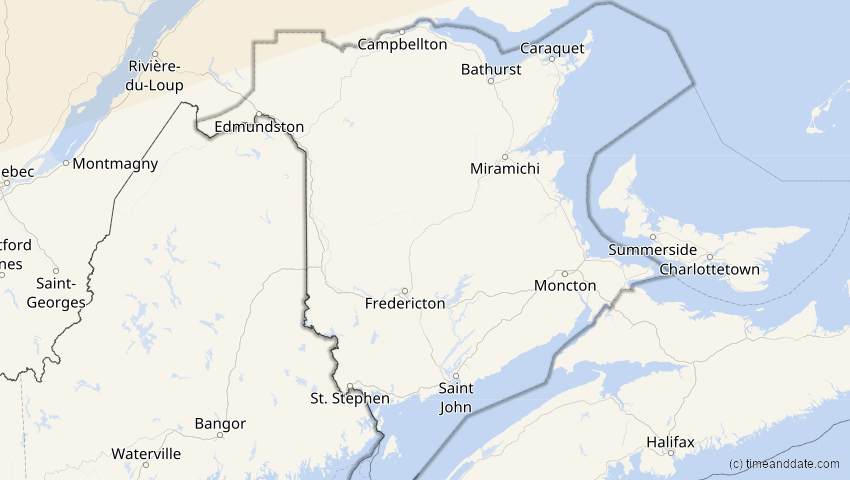 A map of New Brunswick, Kanada, showing the path of the 30. Mär 2033 Totale Sonnenfinsternis