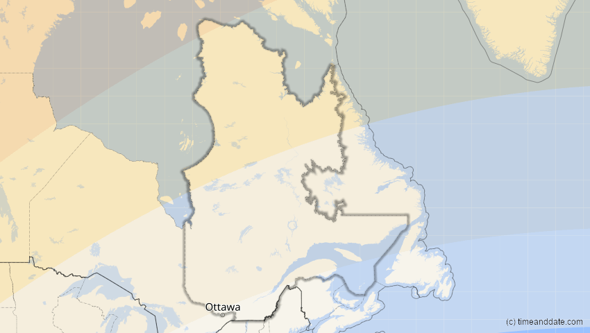 A map of Québec, Kanada, showing the path of the 30. Mär 2033 Totale Sonnenfinsternis