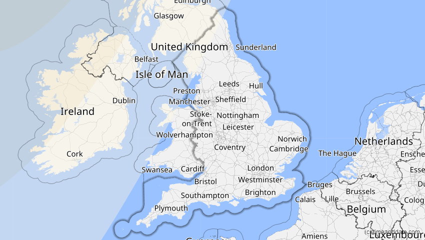 A map of England, Großbritannien, showing the path of the 30. Mär 2033 Totale Sonnenfinsternis