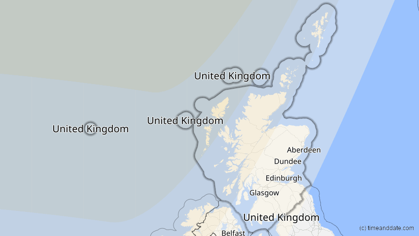 A map of Schottland, Großbritannien, showing the path of the 30. Mär 2033 Totale Sonnenfinsternis