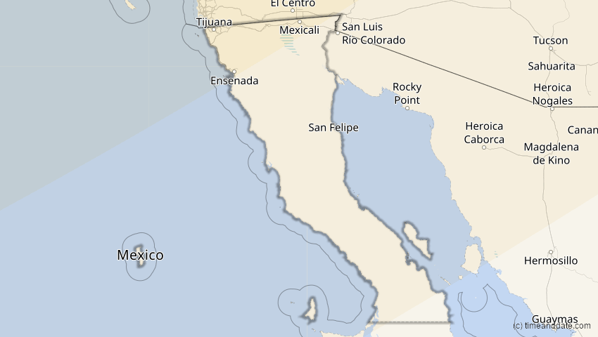 A map of Baja California, Mexiko, showing the path of the 30. Mär 2033 Totale Sonnenfinsternis