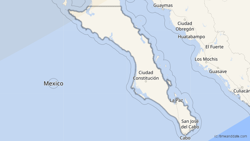 A map of Baja California Sur, Mexiko, showing the path of the 30. Mär 2033 Totale Sonnenfinsternis