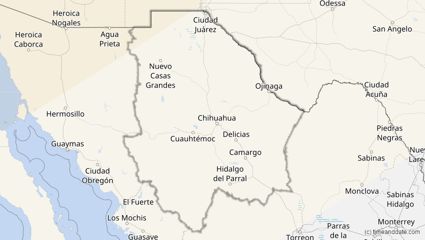 A map of Chihuahua, Mexiko, showing the path of the 30. Mär 2033 Totale Sonnenfinsternis