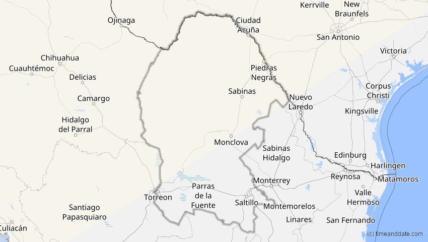 A map of Coahuila, Mexiko, showing the path of the 30. Mär 2033 Totale Sonnenfinsternis