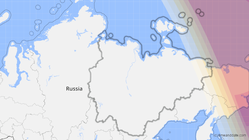 A map of Sacha (Jakutien), Russland, showing the path of the 31. Mär 2033 Totale Sonnenfinsternis