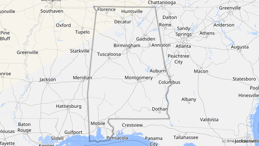 A map of Alabama, USA, showing the path of the 30. Mär 2033 Totale Sonnenfinsternis