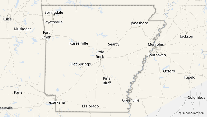 A map of Arkansas, USA, showing the path of the 30. Mär 2033 Totale Sonnenfinsternis