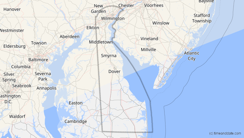 A map of Delaware, USA, showing the path of the 30. Mär 2033 Totale Sonnenfinsternis