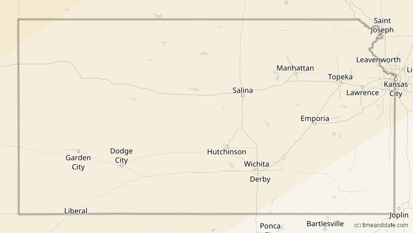 A map of Kansas, USA, showing the path of the 30. Mär 2033 Totale Sonnenfinsternis
