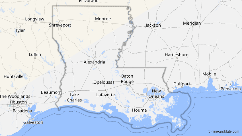 A map of Louisiana, USA, showing the path of the 30. Mär 2033 Totale Sonnenfinsternis